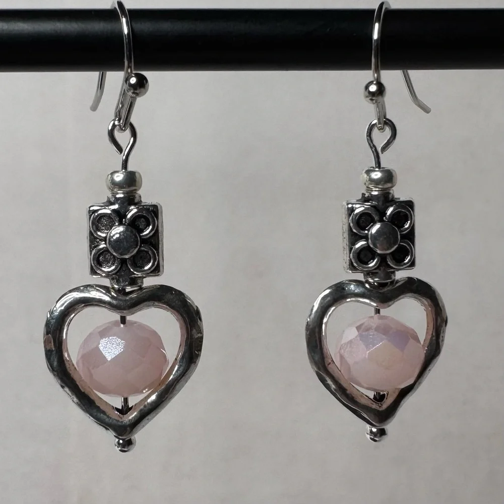 HAND CRAFTED Floral Heart Earrings 1 1/2” Silver Pink NWT
